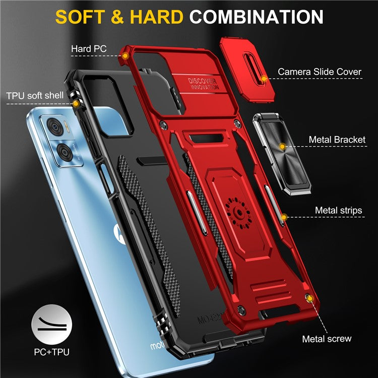 Armor Series for Motorola Moto E22i 4G / E22 4G Shockproof Phone Case Kickstand with Slide Camera Protector - Red