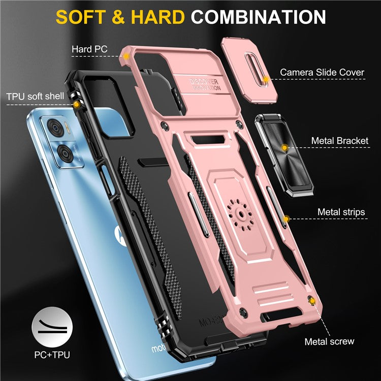Armor Series for Motorola Moto E22i 4G / E22 4G Shockproof Phone Case Kickstand with Slide Camera Protector - Rose Gold