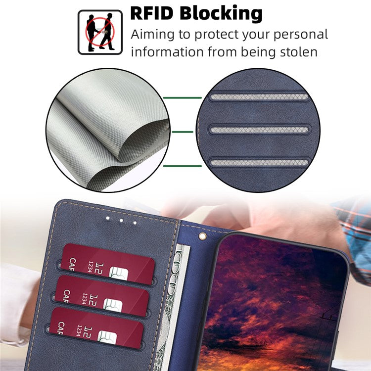 RFID Blocking Phone Stand Case for Motorola Moto G73 5G Wallet PU Leather Cellphone Cover - Blue
