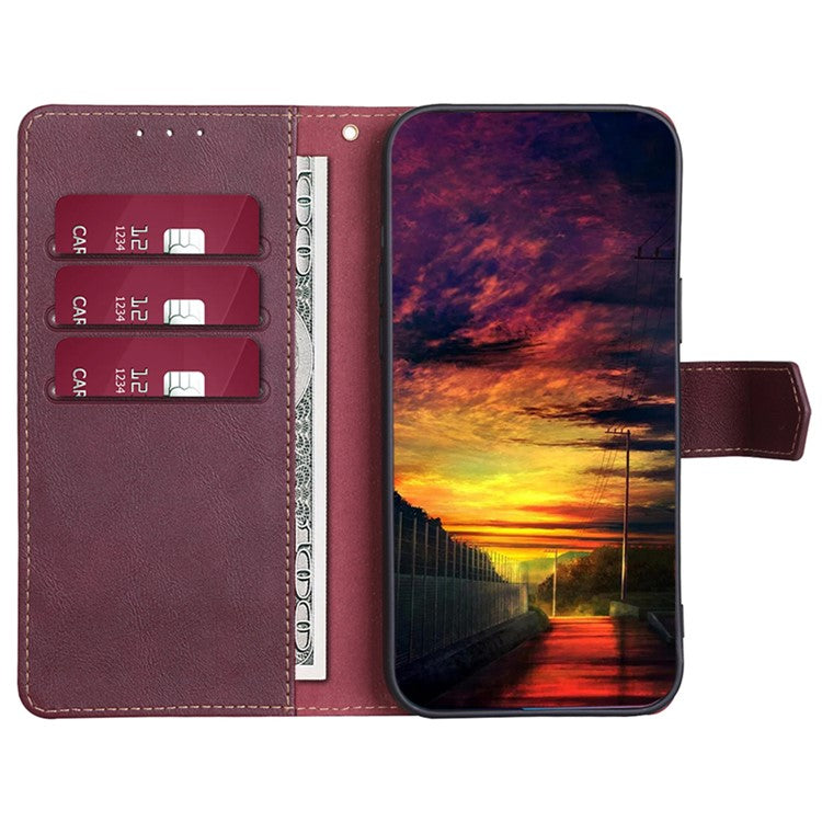 RFID Blocking Phone Stand Case for Motorola Moto G73 5G Wallet PU Leather Cellphone Cover - Wine Red
