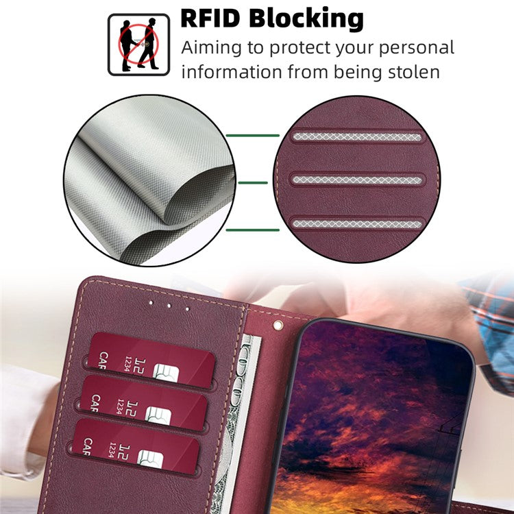 RFID Blocking Phone Stand Case for Motorola Moto G73 5G Wallet PU Leather Cellphone Cover - Wine Red
