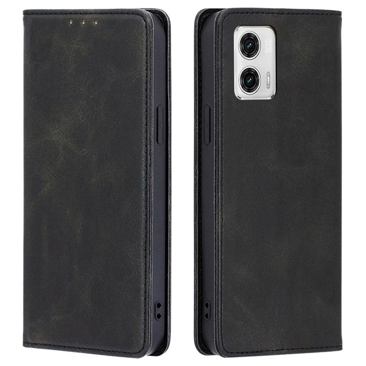 Anti-drop Leather Phone Case for Motorola Moto G73 5G , Calf Texture Wallet Stand Phone Cover - Black