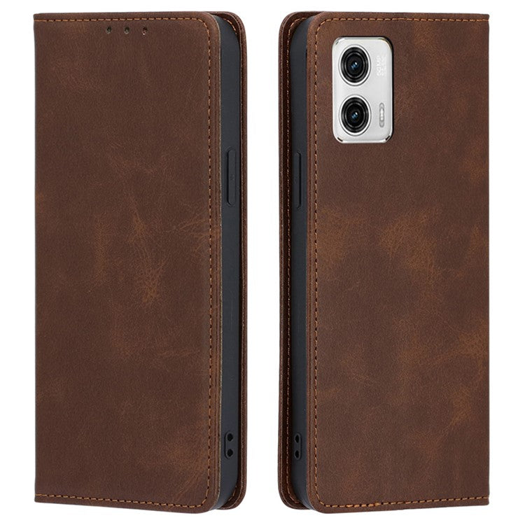 Anti-drop Leather Phone Case for Motorola Moto G73 5G , Calf Texture Wallet Stand Phone Cover - Brown