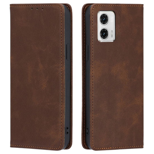 Anti-drop Leather Phone Case for Motorola Moto G73 5G , Calf Texture Wallet Stand Phone Cover - Brown