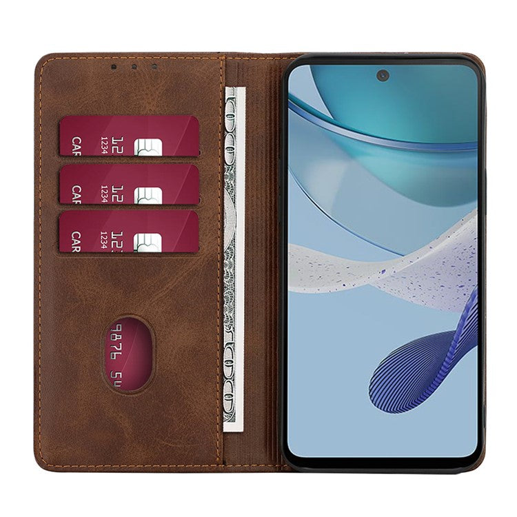 Anti-drop Leather Phone Case for Motorola Moto G73 5G , Calf Texture Wallet Stand Phone Cover - Brown