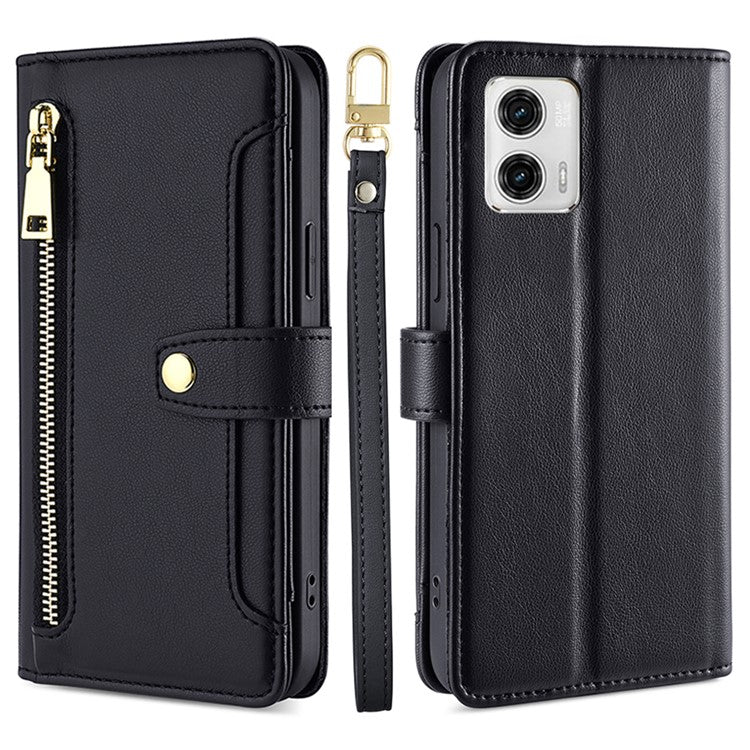 For Motorola Moto G73 5G Zipper Pocket Phone Stand Case Card Slots Leather Cover with Straps - Black