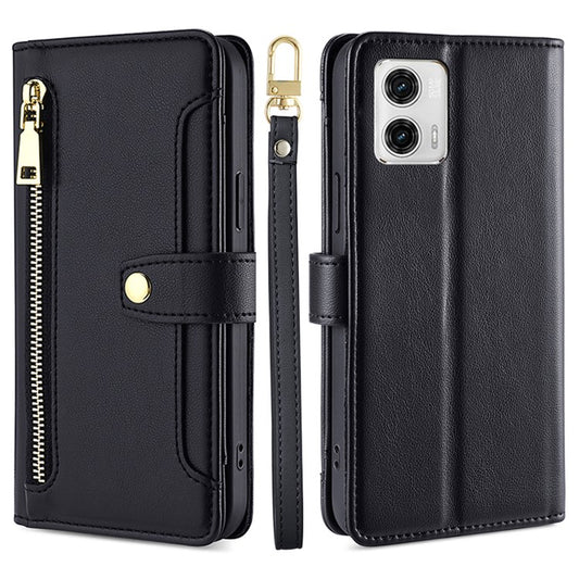 For Motorola Moto G73 5G Zipper Pocket Phone Stand Case Card Slots Leather Cover with Straps - Black