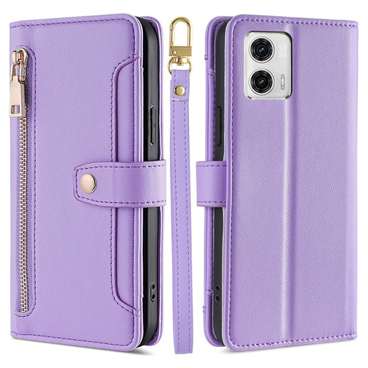 For Motorola Moto G73 5G Zipper Pocket Phone Stand Case Card Slots Leather Cover with Straps - Purple