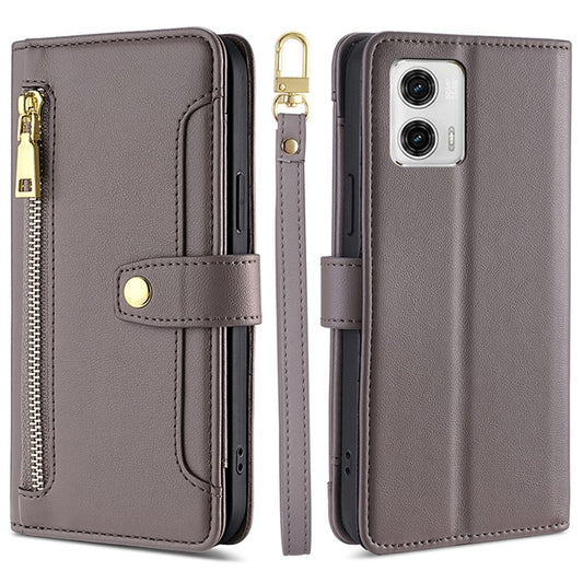 For Motorola Moto G73 5G Zipper Pocket Phone Stand Case Card Slots Leather Cover with Straps - Grey