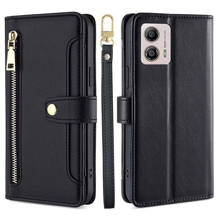 For Motorola Moto G53 5G / G23 4G / G13 4G Leather Phone Case Card Slots Zipper Pocket Stand Flip Cover - Black