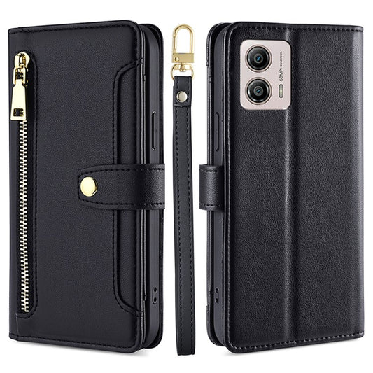 For Motorola Moto G53 5G / G23 4G / G13 4G Leather Phone Case Card Slots Zipper Pocket Stand Flip Cover - Black