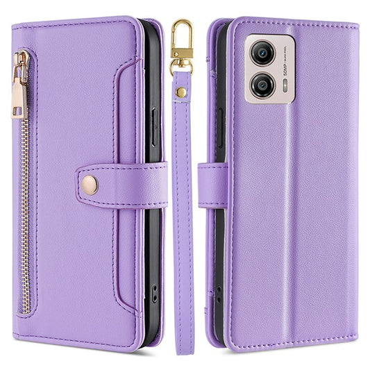 For Motorola Moto G53 5G / G23 4G / G13 4G Leather Phone Case Card Slots Zipper Pocket Stand Flip Cover - Purple