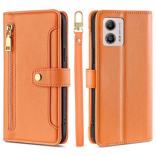 For Motorola Moto G53 5G / G23 4G / G13 4G Leather Phone Case Card Slots Zipper Pocket Stand Flip Cover - Orange