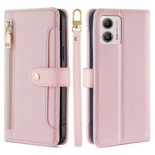 For Motorola Moto G53 5G / G23 4G / G13 4G Leather Phone Case Card Slots Zipper Pocket Stand Flip Cover - Pink