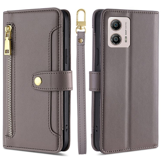 For Motorola Moto G53 5G / G23 4G / G13 4G Leather Phone Case Card Slots Zipper Pocket Stand Flip Cover - Grey