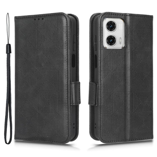 Anti-drop Phone Cover For Motorola Moto G53 5G / G23 4G / G13 4G , Imprinted Triangle Pattern Phone Case Wallet Stand - Black