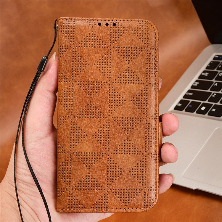 Anti-drop Phone Cover For Motorola Moto G53 5G / G23 4G / G13 4G , Imprinted Triangle Pattern Phone Case Wallet Stand - Brown