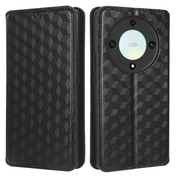 For Honor X9a 5G / X40 5G / Magic5 Lite 5G Phone Leather Case Wallet Stand Imprinted Rhombus Pattern Phone Cover - Black