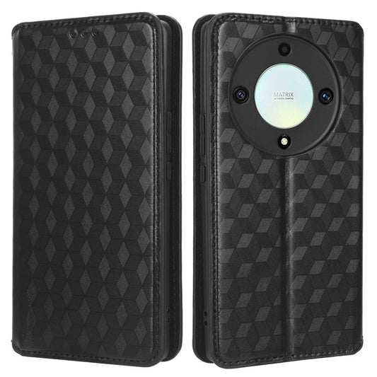 For Honor X9a 5G / X40 5G / Magic5 Lite 5G Phone Leather Case Wallet Stand Imprinted Rhombus Pattern Phone Cover - Black