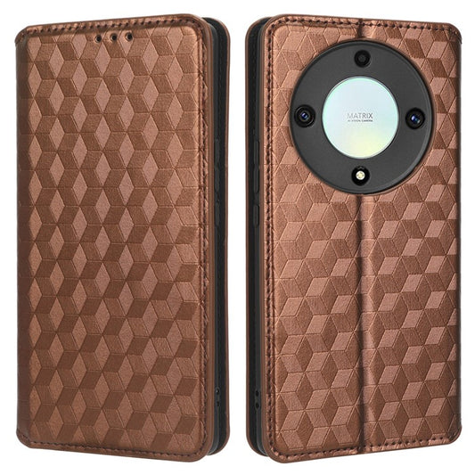 For Honor X9a 5G / X40 5G / Magic5 Lite 5G Phone Leather Case Wallet Stand Imprinted Rhombus Pattern Phone Cover - Brown