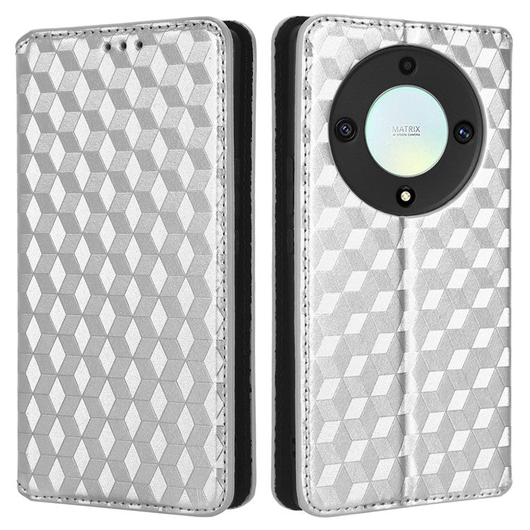 For Honor X9a 5G / X40 5G / Magic5 Lite 5G Phone Leather Case Wallet Stand Imprinted Rhombus Pattern Phone Cover - Silver