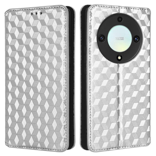 For Honor X9a 5G / X40 5G / Magic5 Lite 5G Phone Leather Case Wallet Stand Imprinted Rhombus Pattern Phone Cover - Silver