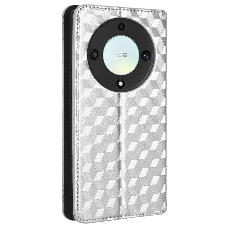 For Honor X9a 5G / X40 5G / Magic5 Lite 5G Phone Leather Case Wallet Stand Imprinted Rhombus Pattern Phone Cover - Silver