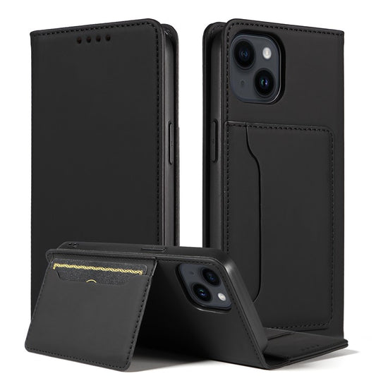 For iPhone 14 Business Style Phone Case PU Leather Skin Touch Magnetic Cell Phone Cover with Stand Wallet - Black