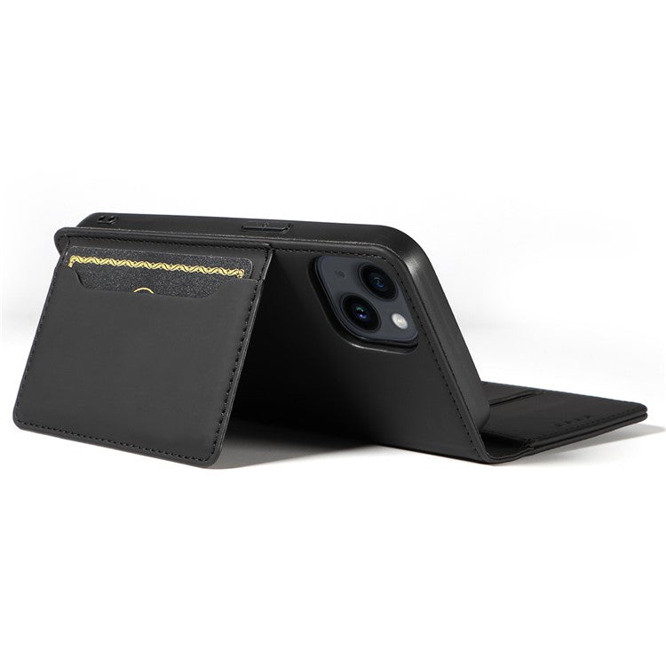 For iPhone 14 Business Style Phone Case PU Leather Skin Touch Magnetic Cell Phone Cover with Stand Wallet - Black