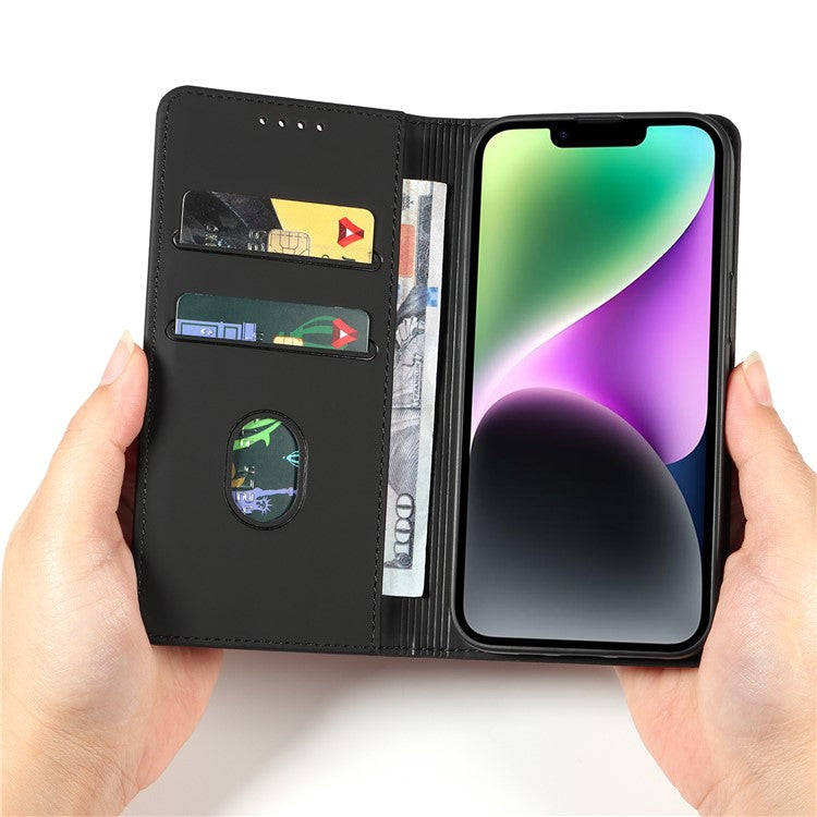 For iPhone 14 Business Style Phone Case PU Leather Skin Touch Magnetic Cell Phone Cover with Stand Wallet - Black