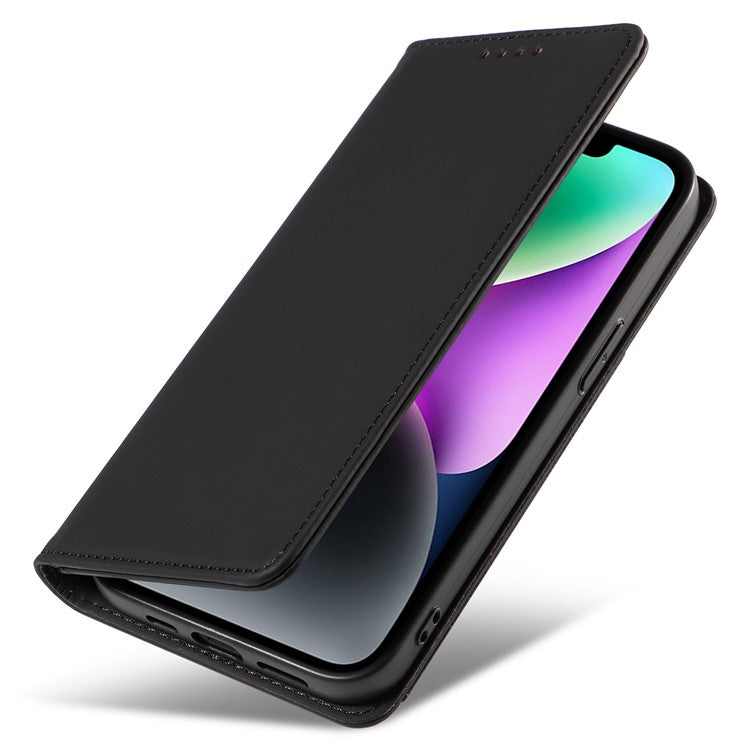 For iPhone 14 Business Style Phone Case PU Leather Skin Touch Magnetic Cell Phone Cover with Stand Wallet - Black