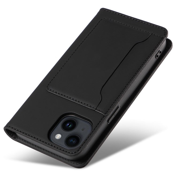 For iPhone 14 Business Style Phone Case PU Leather Skin Touch Magnetic Cell Phone Cover with Stand Wallet - Black