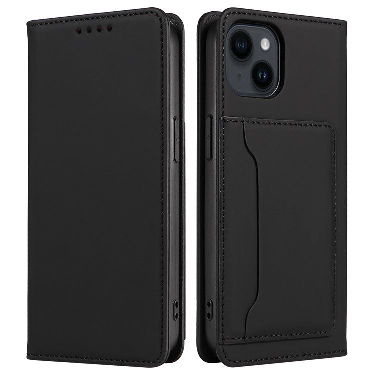 For iPhone 14 Business Style Phone Case PU Leather Skin Touch Magnetic Cell Phone Cover with Stand Wallet - Black