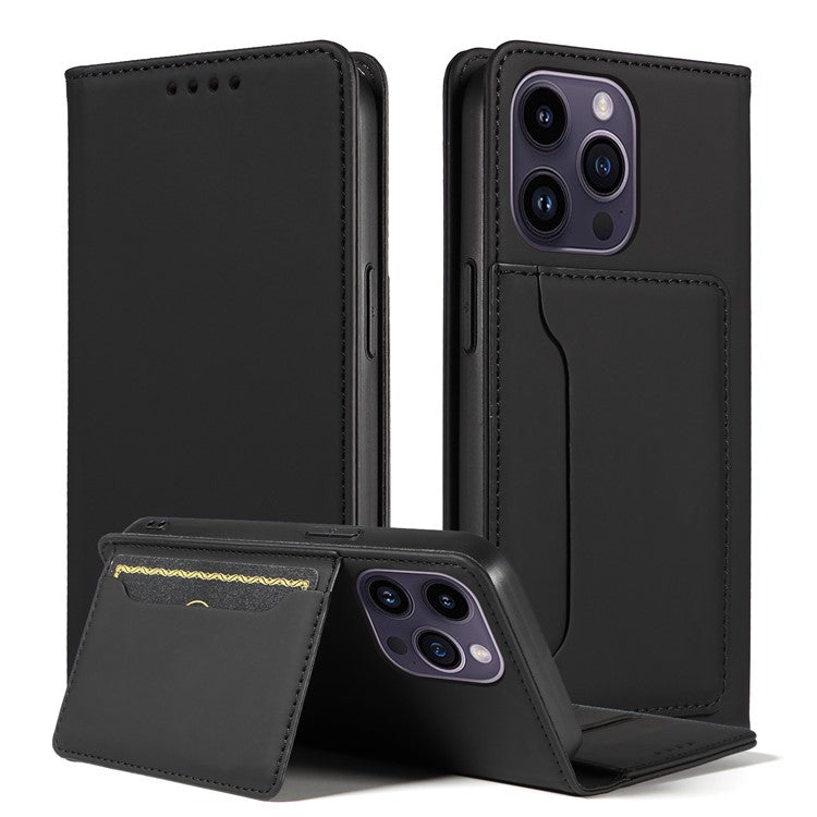 Magnetic Phone Case For iPhone 14 Pro Max , Stand Wallet Skin-friendly Anti-fall PU Leather Cell Phone Cover - Black