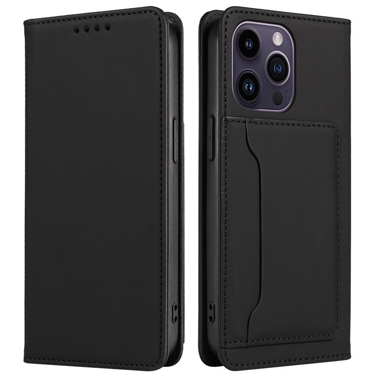 Magnetic Phone Case For iPhone 14 Pro Max , Stand Wallet Skin-friendly Anti-fall PU Leather Cell Phone Cover - Black