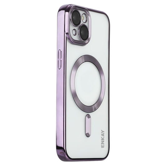 ENKAY HAT PRINCE For iPhone 14 Magnetic Phone Case Electroplating Clear TPU Cover with Lens Protector - Purple