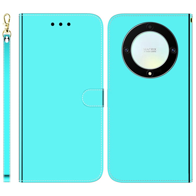 For Honor X40 5G / X9a 5G / Magic5 Lite 5G Anti-scratch Phone Case Stand Mirror-like Surface Flip Leather Phone Wallet Cover - Cyan