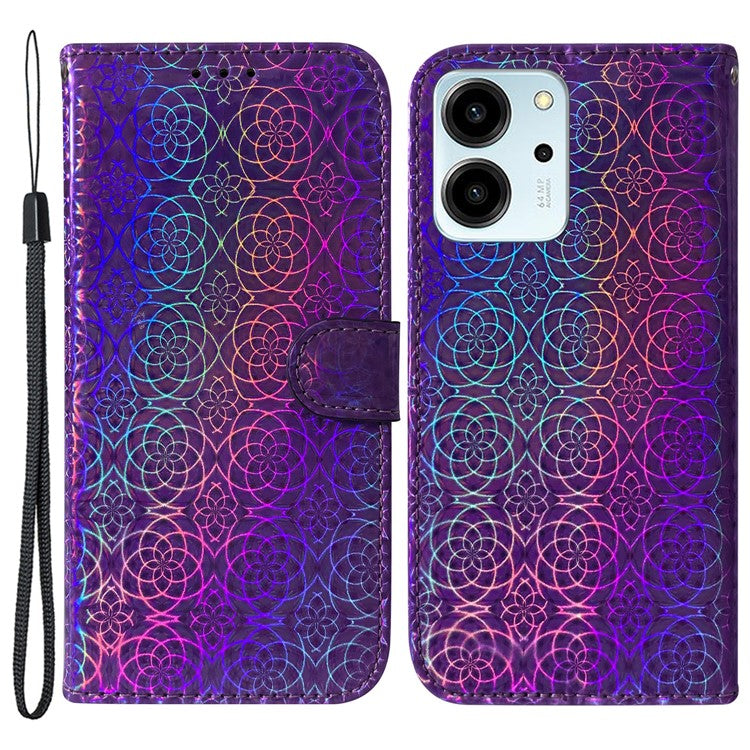 Protective Phone Cover For Honor 80 SE 5G , PU Leather Dazzling Flower Pattern Flip Wallet Case Stand with Strap - Purple