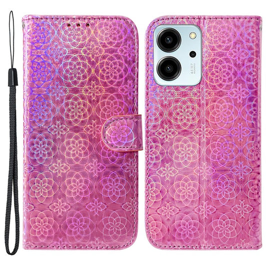 Protective Phone Cover For Honor 80 SE 5G , PU Leather Dazzling Flower Pattern Flip Wallet Case Stand with Strap - Pink