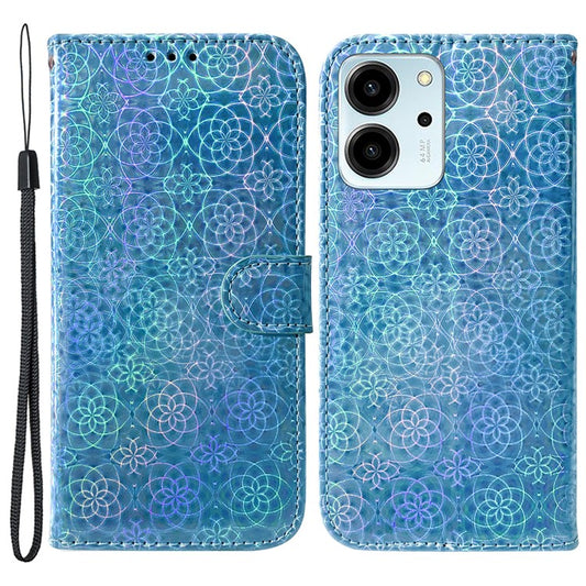 Protective Phone Cover For Honor 80 SE 5G , PU Leather Dazzling Flower Pattern Flip Wallet Case Stand with Strap - Blue
