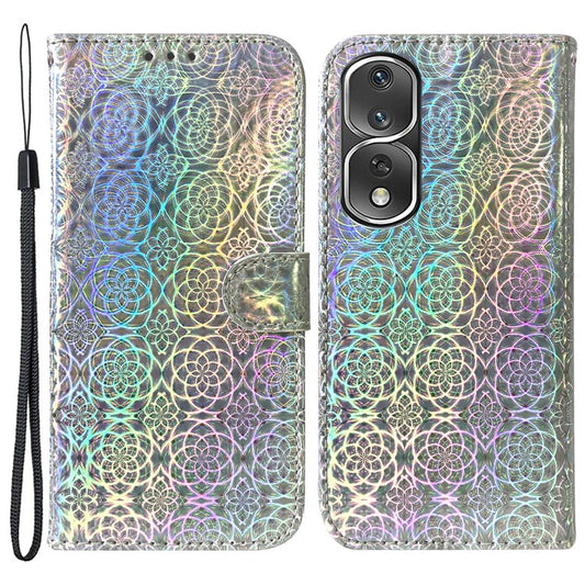 Anti-drop Phone Cover For Honor 80 Pro 5G , Dazzling Flower Pattern Flip Leather Wallet Case Stand with Strap - Grey