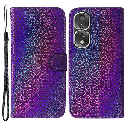 Anti-drop Phone Cover For Honor 80 Pro 5G , Dazzling Flower Pattern Flip Leather Wallet Case Stand with Strap - Purple