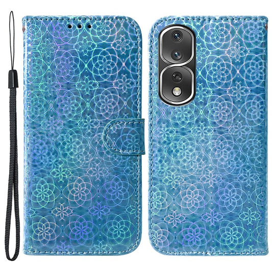 Anti-drop Phone Cover For Honor 80 Pro 5G , Dazzling Flower Pattern Flip Leather Wallet Case Stand with Strap - Blue