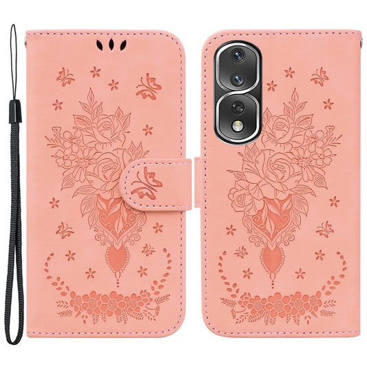 Protective Phone Case For Honor 80 Pro 5G , PU Leather Rose Butterfly Imprinted Stand Wallet Cover - Pink