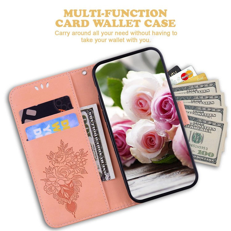 Protective Phone Case For Honor 80 Pro 5G , PU Leather Rose Butterfly Imprinted Stand Wallet Cover - Pink