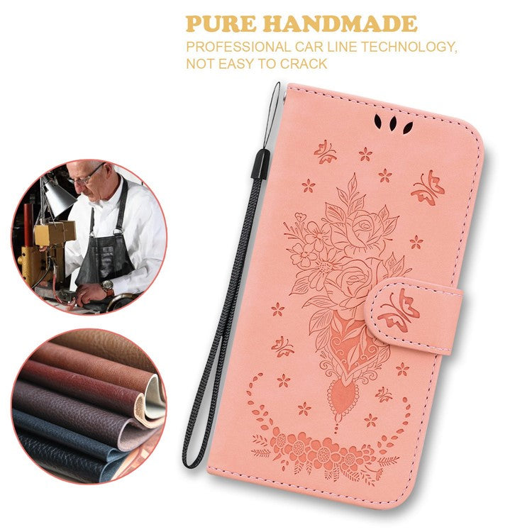 Protective Phone Case For Honor 80 Pro 5G , PU Leather Rose Butterfly Imprinted Stand Wallet Cover - Pink