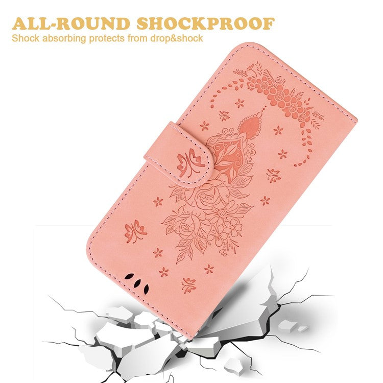 Protective Phone Case For Honor 80 Pro 5G , PU Leather Rose Butterfly Imprinted Stand Wallet Cover - Pink