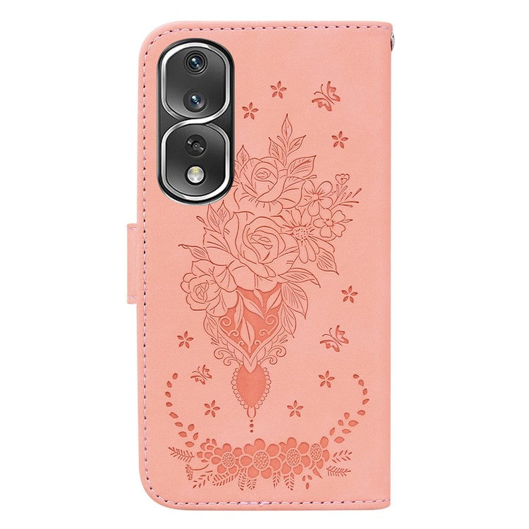 Protective Phone Case For Honor 80 Pro 5G , PU Leather Rose Butterfly Imprinted Stand Wallet Cover - Pink