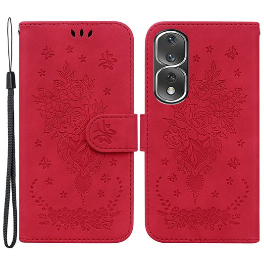 Protective Phone Case For Honor 80 Pro 5G , PU Leather Rose Butterfly Imprinted Stand Wallet Cover - Red