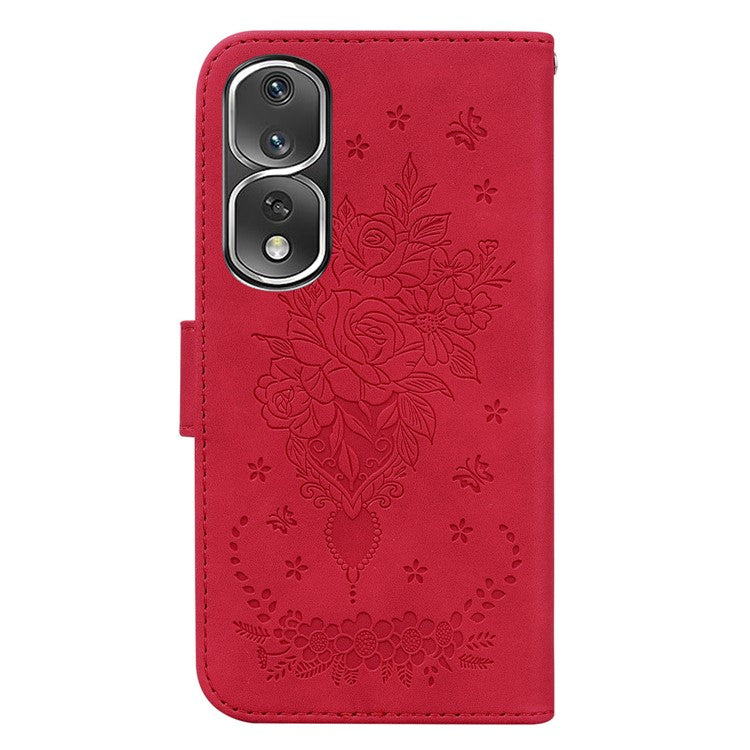 Protective Phone Case For Honor 80 Pro 5G , PU Leather Rose Butterfly Imprinted Stand Wallet Cover - Red